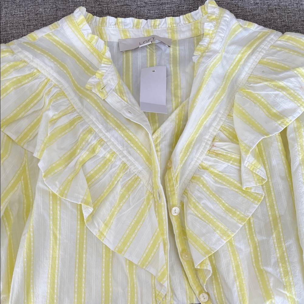 LOFT Lemon and Cream Ruffle Blouse